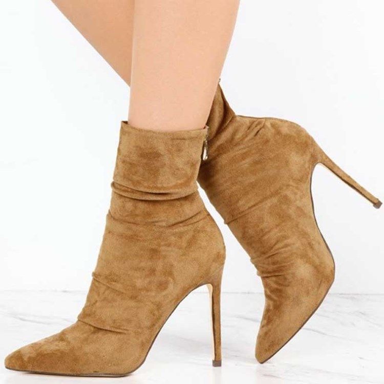 Faux Suede Back Zip Pointed Toe Stiletto Heel Dame Ankelstøvler