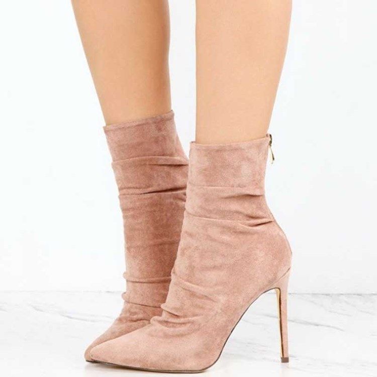 Faux Suede Back Zip Pointed Toe Stiletto Heel Dame Ankelstøvler