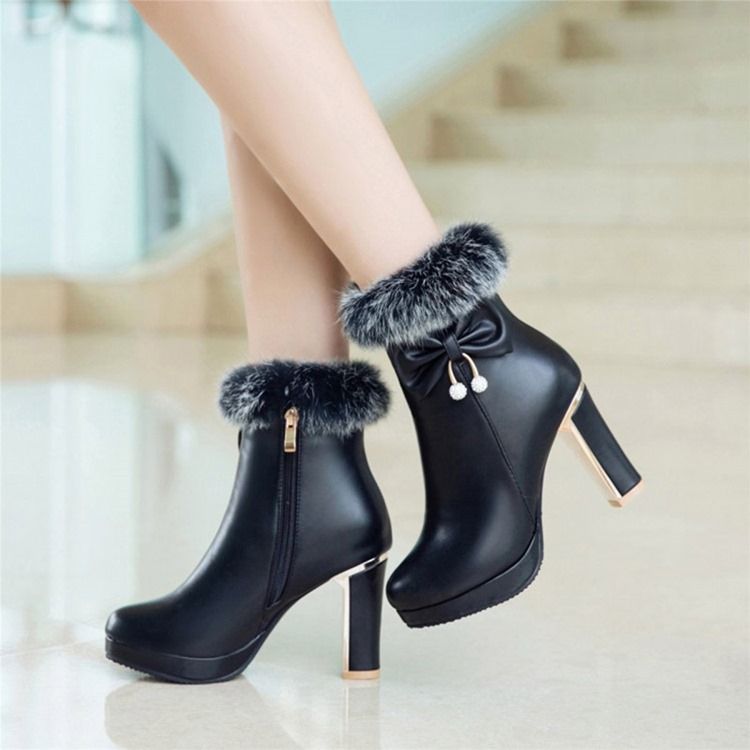 Fuzzy Bowknot Decorated Platform High Heel Boots For Kvinner