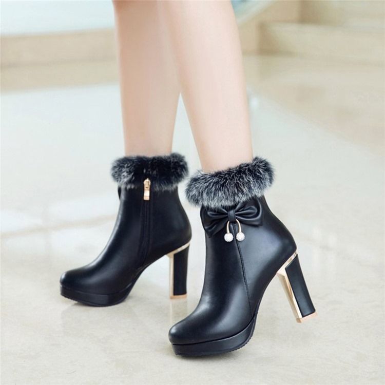 Fuzzy Bowknot Decorated Platform High Heel Boots For Kvinner