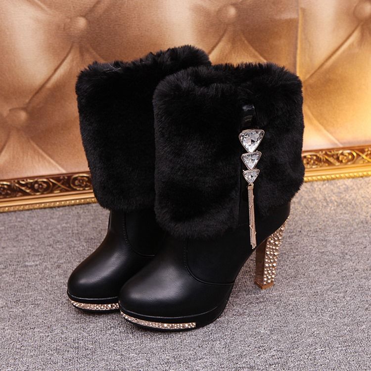 Fuzzy Rhinestone Slip-on Chunky Heel Boots For Kvinner