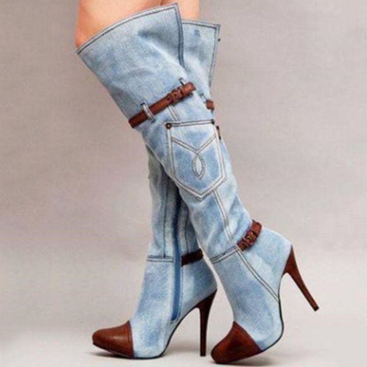 Kvinner Denim Patchwork Stiletto Heel Knie High Boots