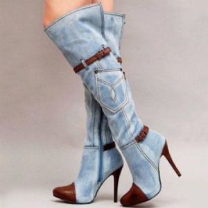 Kvinner Denim Patchwork Stiletto Heel Knie High Boots