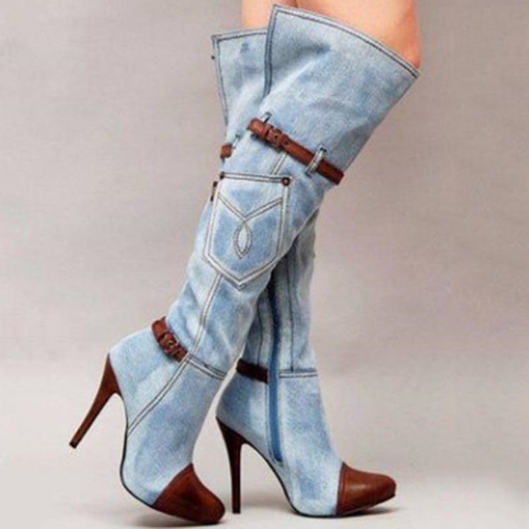 Kvinner Denim Patchwork Stiletto Heel Knie High Boots