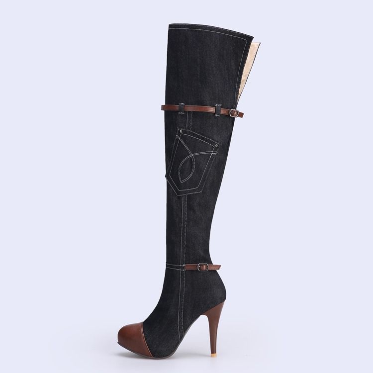 Kvinner Denim Patchwork Stiletto Heel Knie High Boots