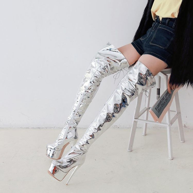 Kvinner Platform Stiletto Hæl Over Knærne Metallic Boots