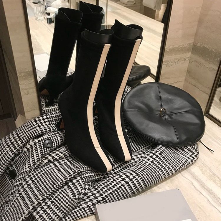 Kvinner Square Toe Color Block Slip-on High Heel Boots