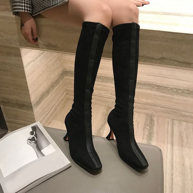 Kvinner Square Toe Color Block Slip-on High Heel Boots