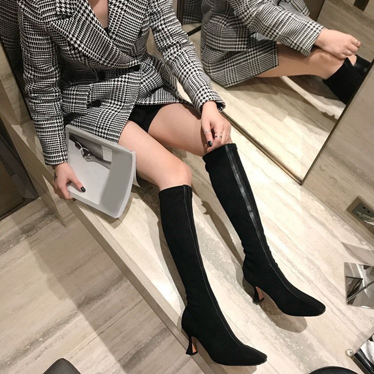 Kvinner Square Toe Color Block Slip-on High Heel Boots