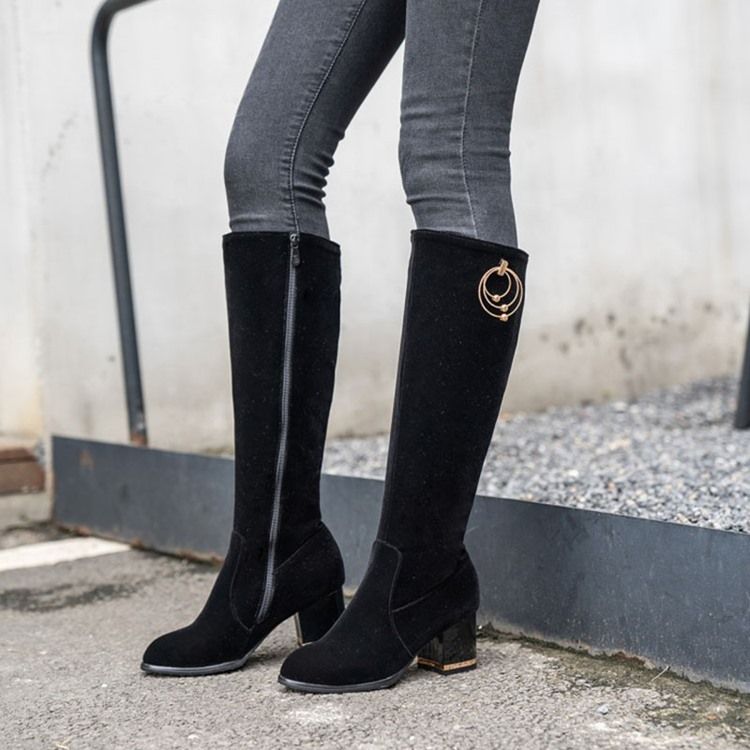 Kvinners Stor Hæl Side Glidelås Korte Floss Knee High Boots