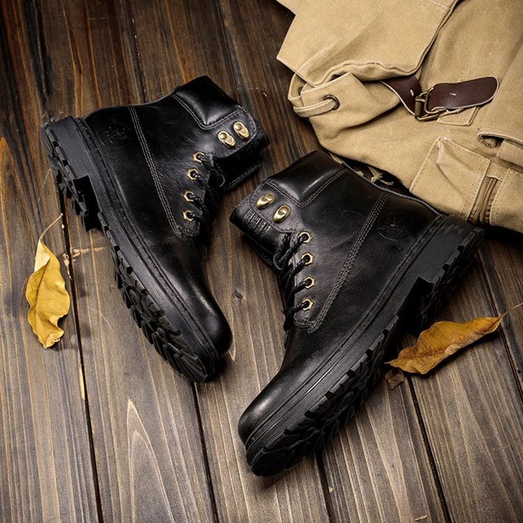 Menn Lace-up Front Patchwork Round Toe Leather Boots