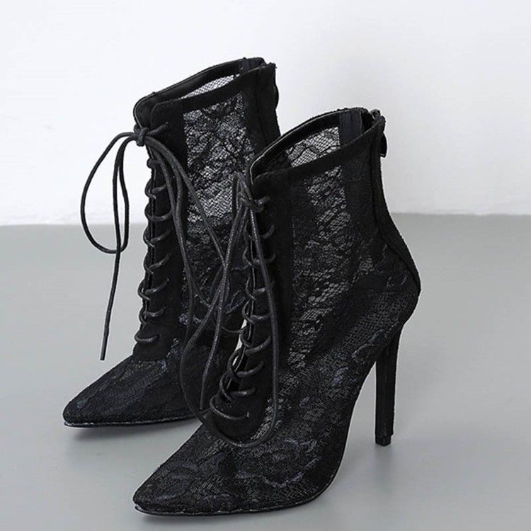 Mesh Stiletto Heel Back Zip Pointed Toe Dame Ankel Boots