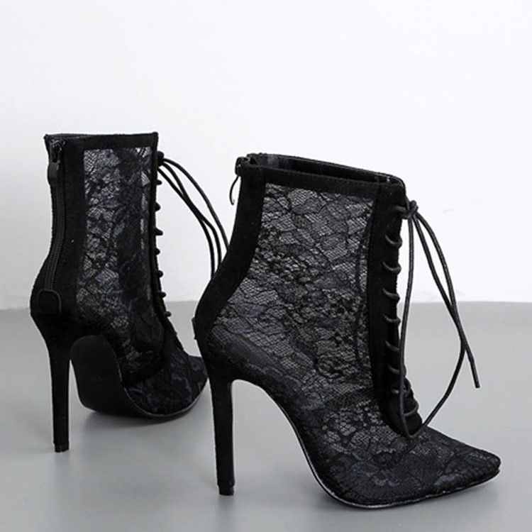 Mesh Stiletto Heel Back Zip Pointed Toe Dame Ankel Boots