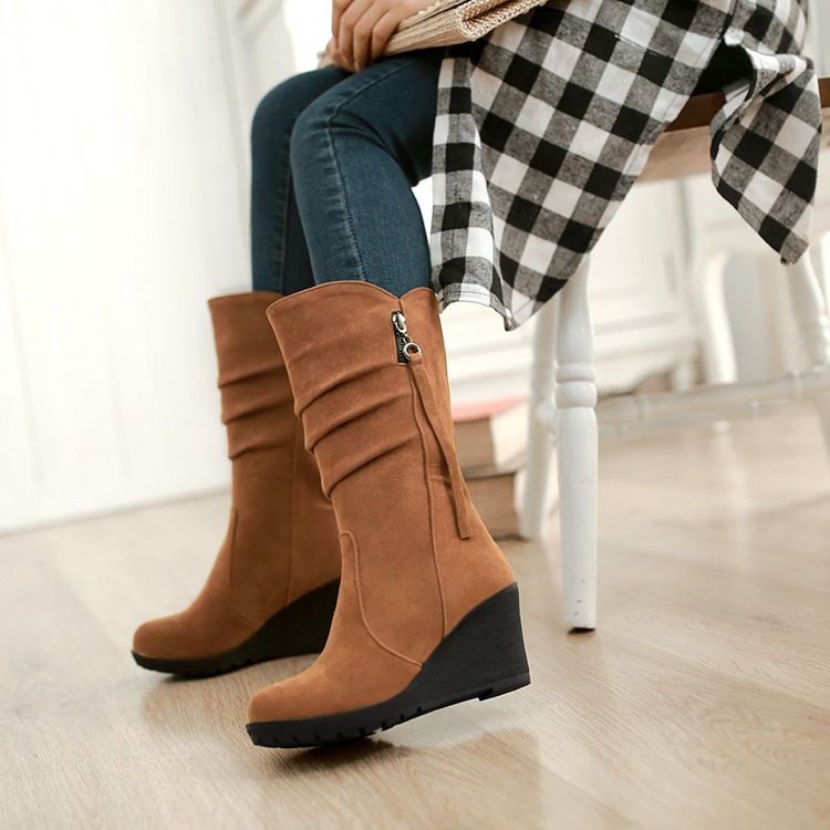 Round Toe Plain Wedge Heel Dame Støvler