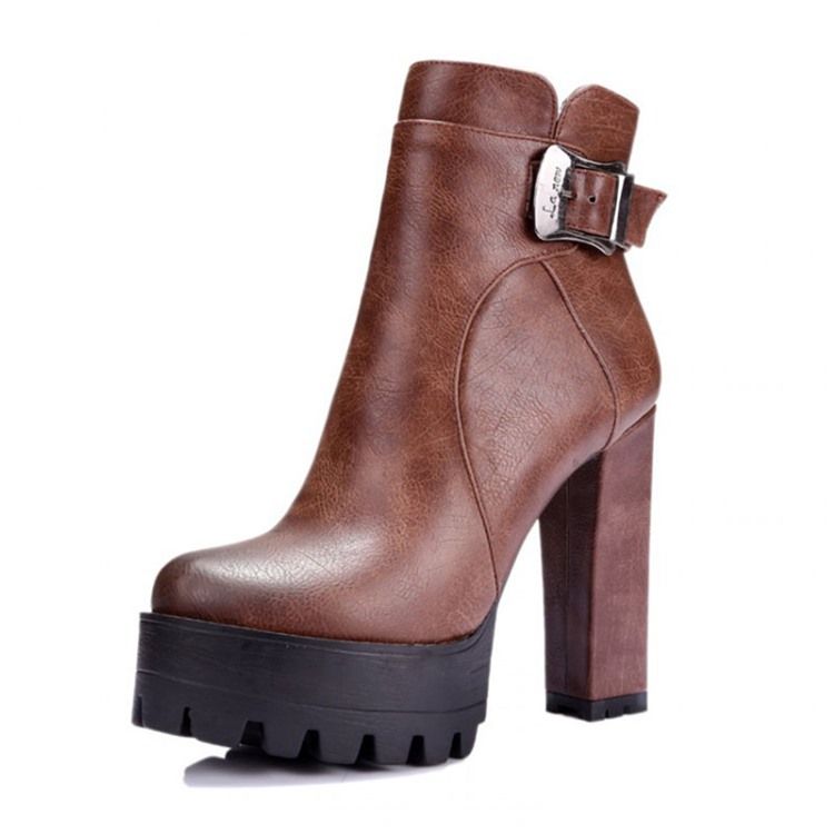 Round Toe Platform Chunky Heel Side Glidelås Dame Ankelstøvler