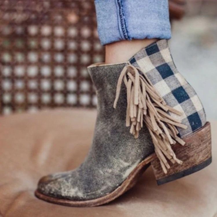 Round Toe Side Glidelås Plaid Dame Flat Boots