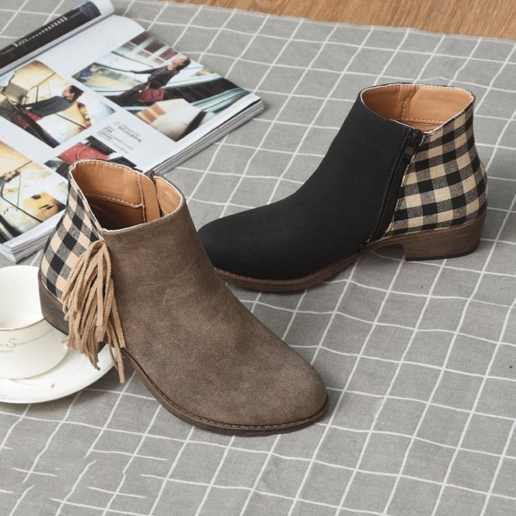 Round Toe Side Glidelås Plaid Dame Flat Boots