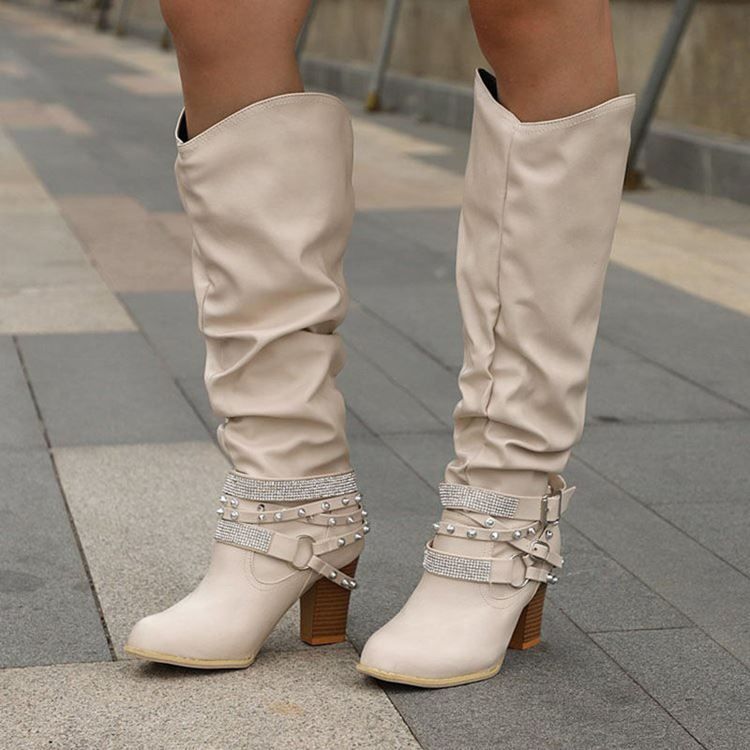 Slip-on Chunky Heel Round Toe Dame Casual Boots