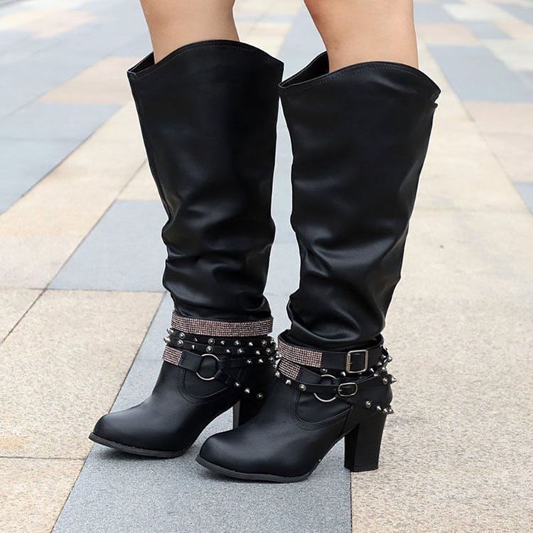 Slip-on Chunky Heel Round Toe Dame Casual Boots