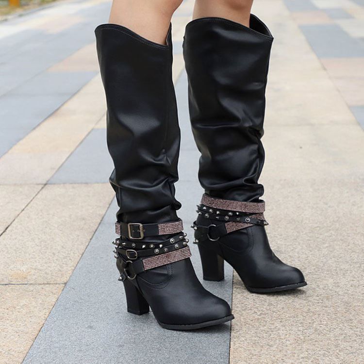 Slip-on Chunky Heel Round Toe Dame Casual Boots