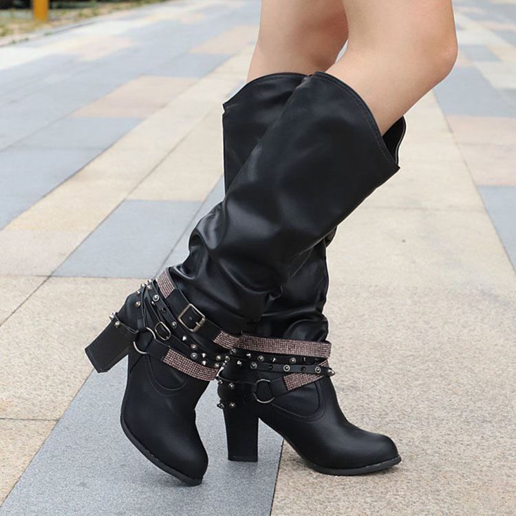 Slip-on Chunky Heel Round Toe Dame Casual Boots