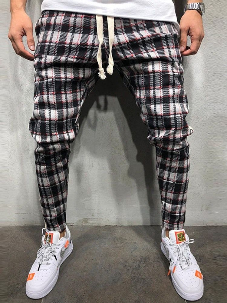 Blyantbukser Plaid Lace-up Mid Waist Mens Casual Bukser