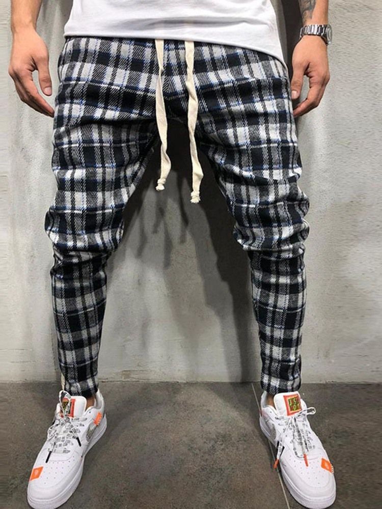 Blyantbukser Plaid Lace-up Mid Waist Mens Casual Bukser