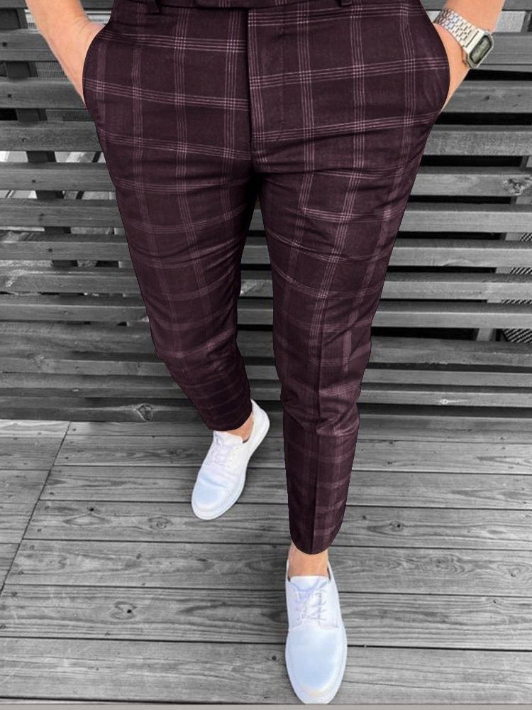 Button Pencil Pants Plaid Mid Waist Herre Casual Bukser