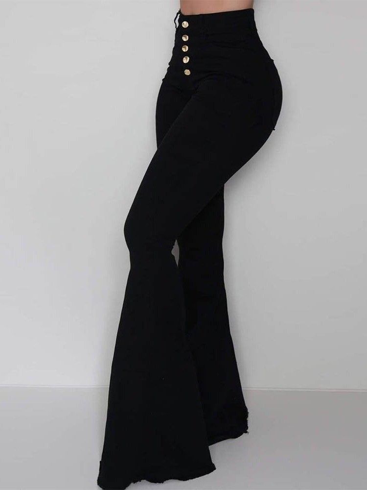 Button Slim Plain Bellbottoms Full Length Dame Bukser