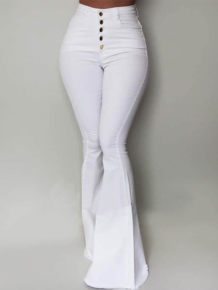 Button Slim Plain Bellbottoms Full Length Dame Bukser