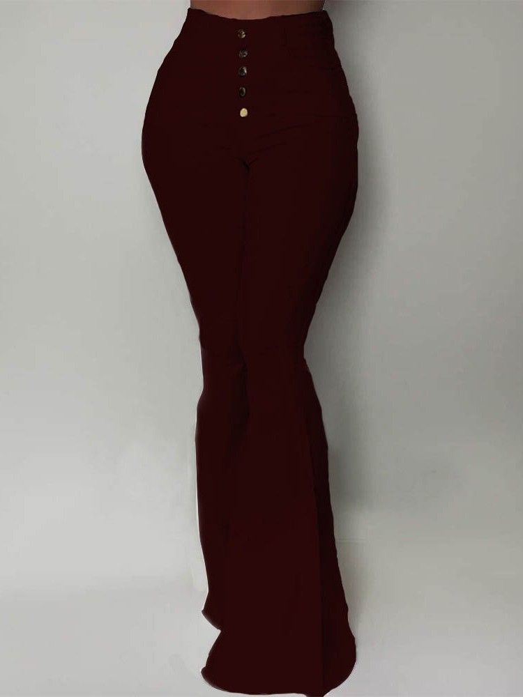 Button Slim Plain Bellbottoms Full Length Dame Bukser