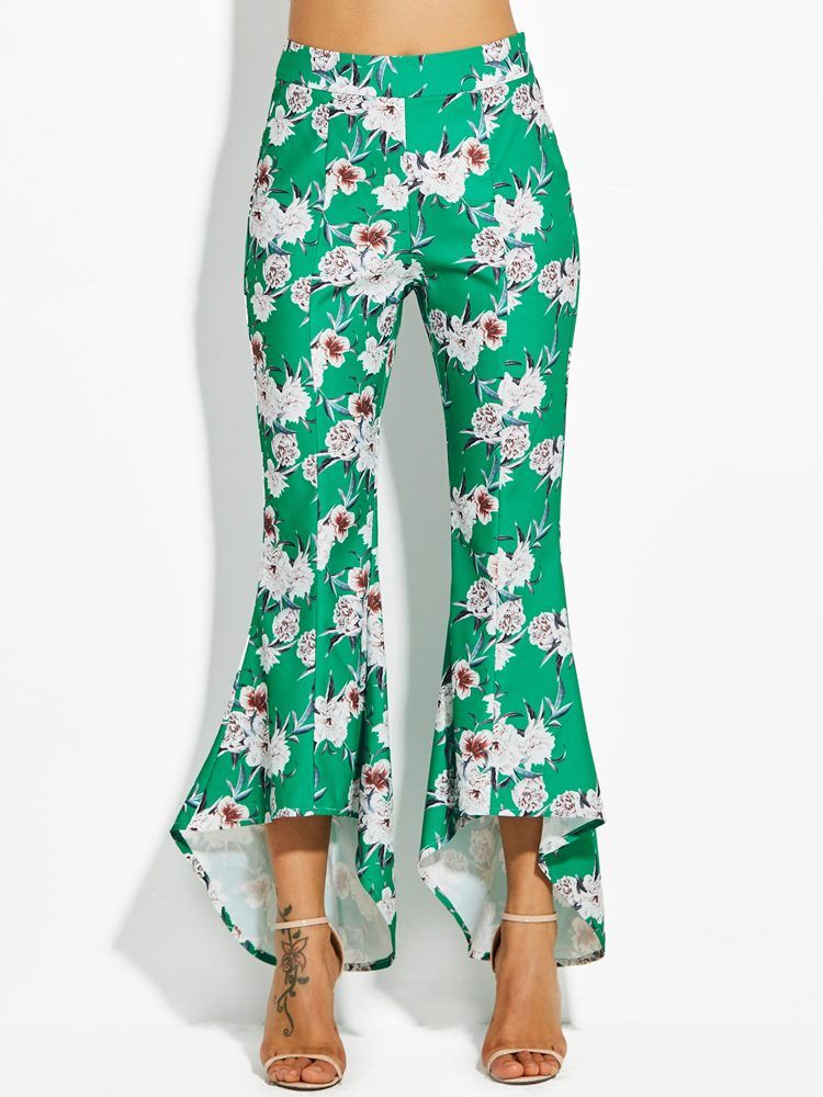 Color Block Floral Print Wide Legs Bukser For Kvinner