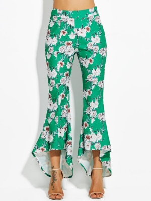 Color Block Floral Print Wide Legs Bukser For Kvinner