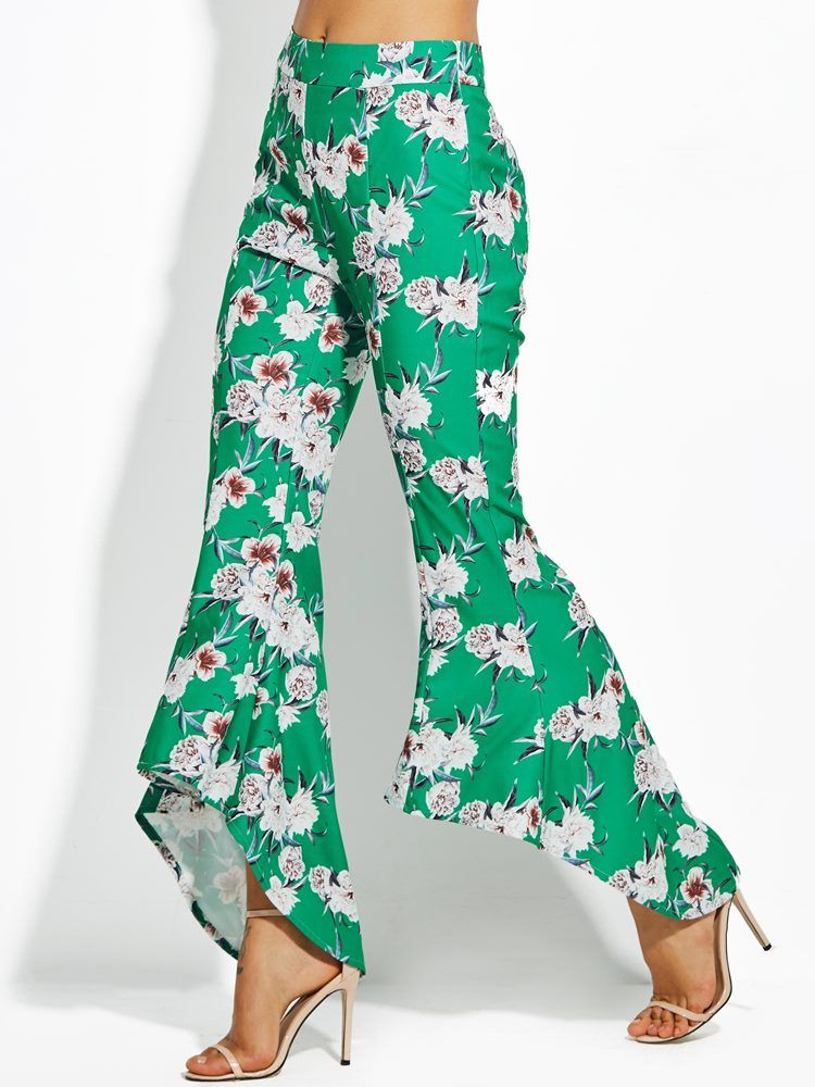 Color Block Floral Print Wide Legs Bukser For Kvinner