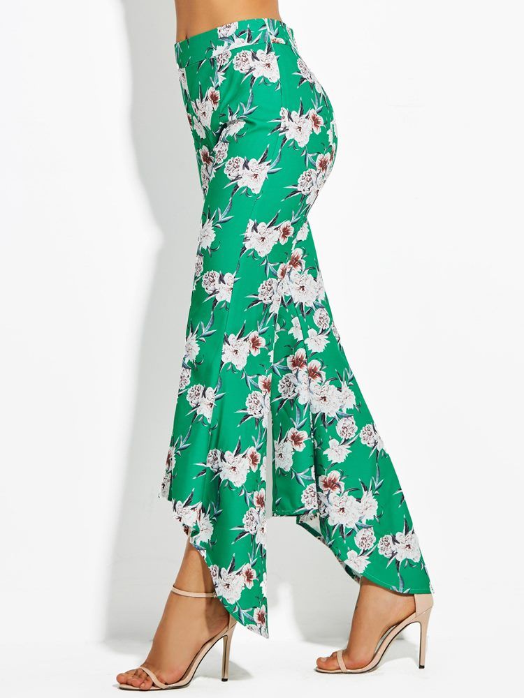 Color Block Floral Print Wide Legs Bukser For Kvinner