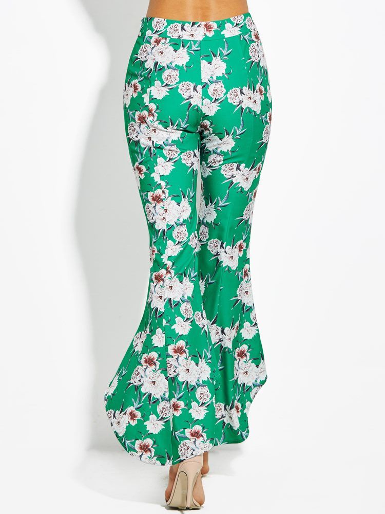 Color Block Floral Print Wide Legs Bukser For Kvinner