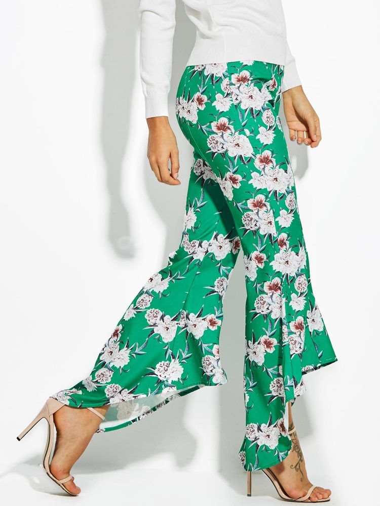 Color Block Floral Print Wide Legs Bukser For Kvinner