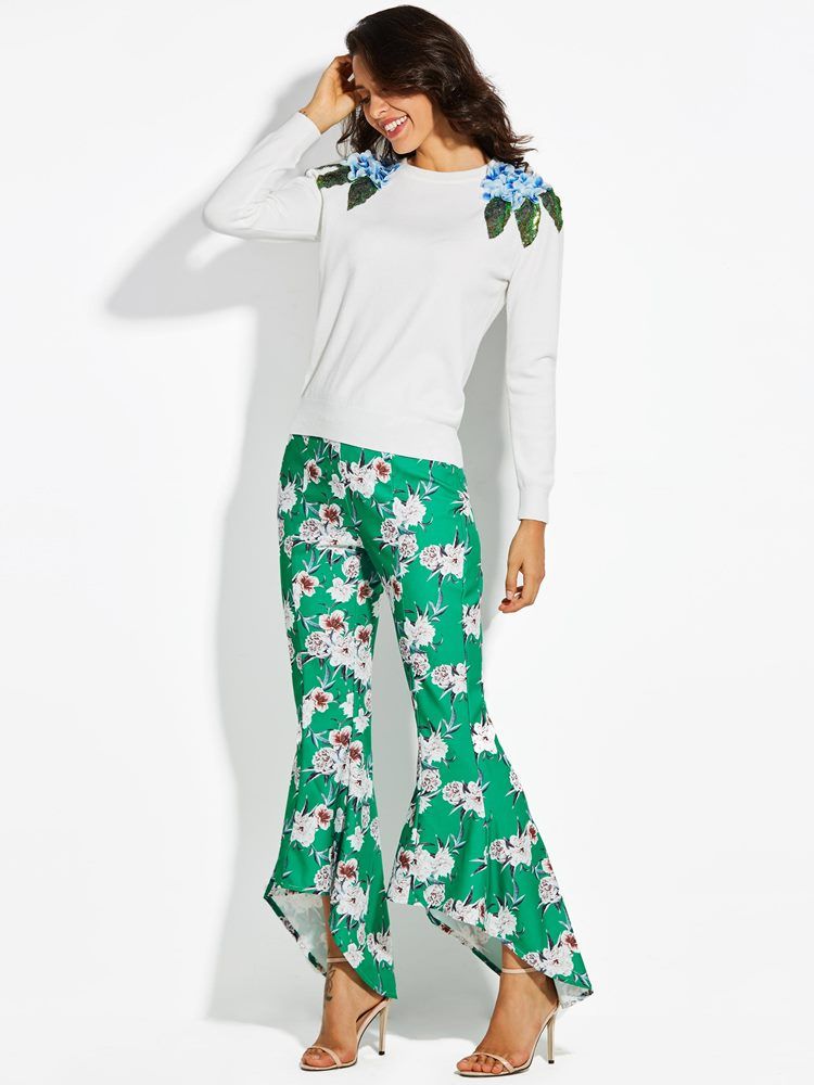 Color Block Floral Print Wide Legs Bukser For Kvinner