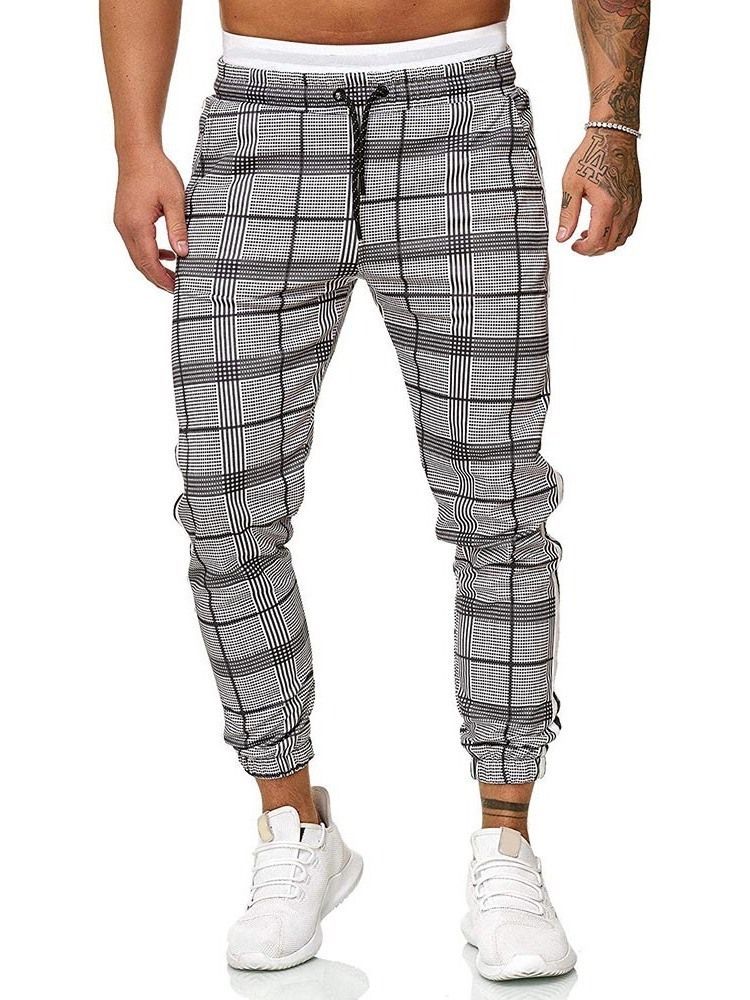 Harem Plaid Mid Waist Lace-up Menns Casual Bukser