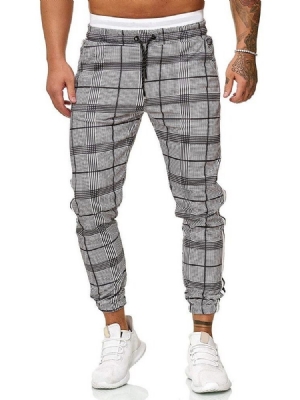 Harem Plaid Mid Waist Lace-up Menns Casual Bukser