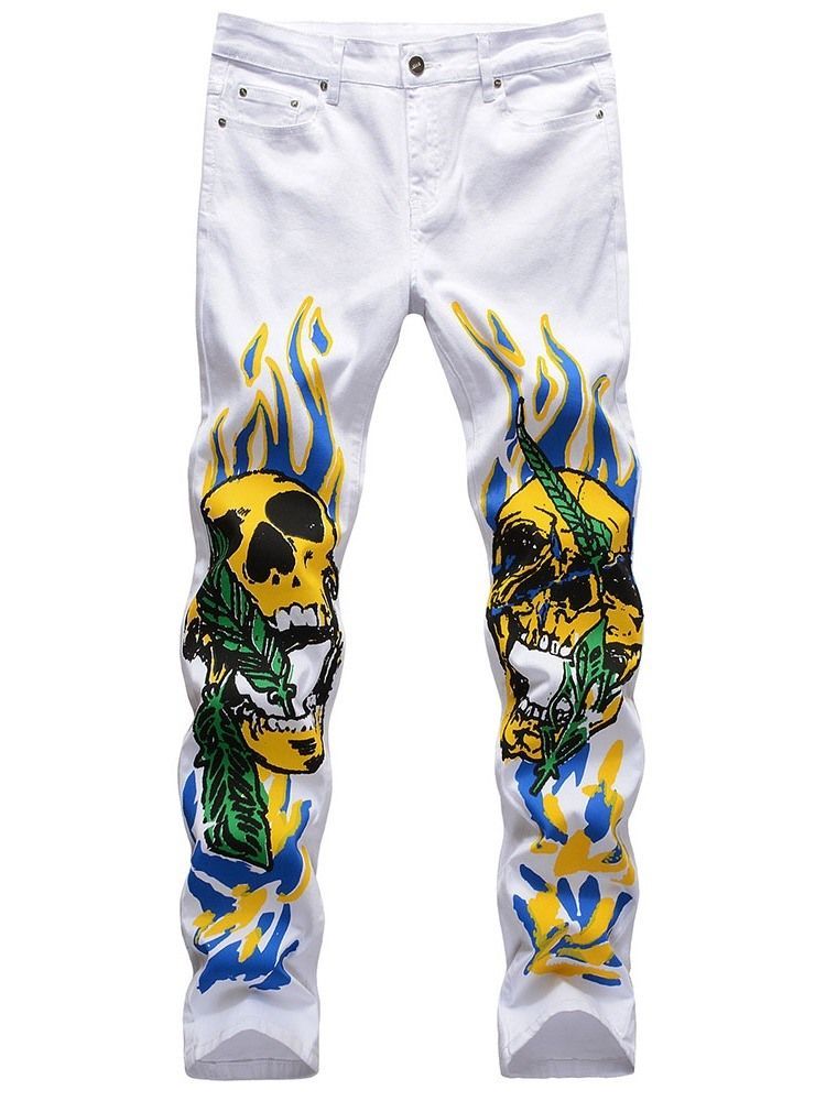 Herre Print Straight Skull Mid Waist Four Seasons Casual Pants