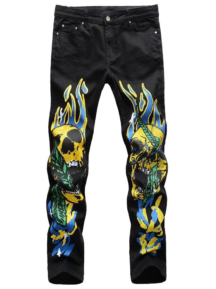 Herre Print Straight Skull Mid Waist Four Seasons Casual Pants