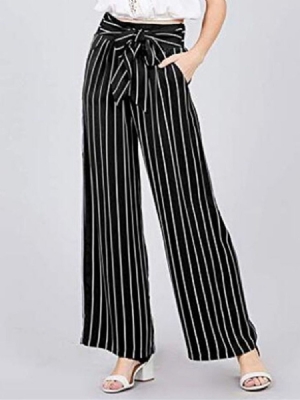 Kvinner Bowknot Stripe Color Block Loose Full Length Wide Leg Casual Bukser