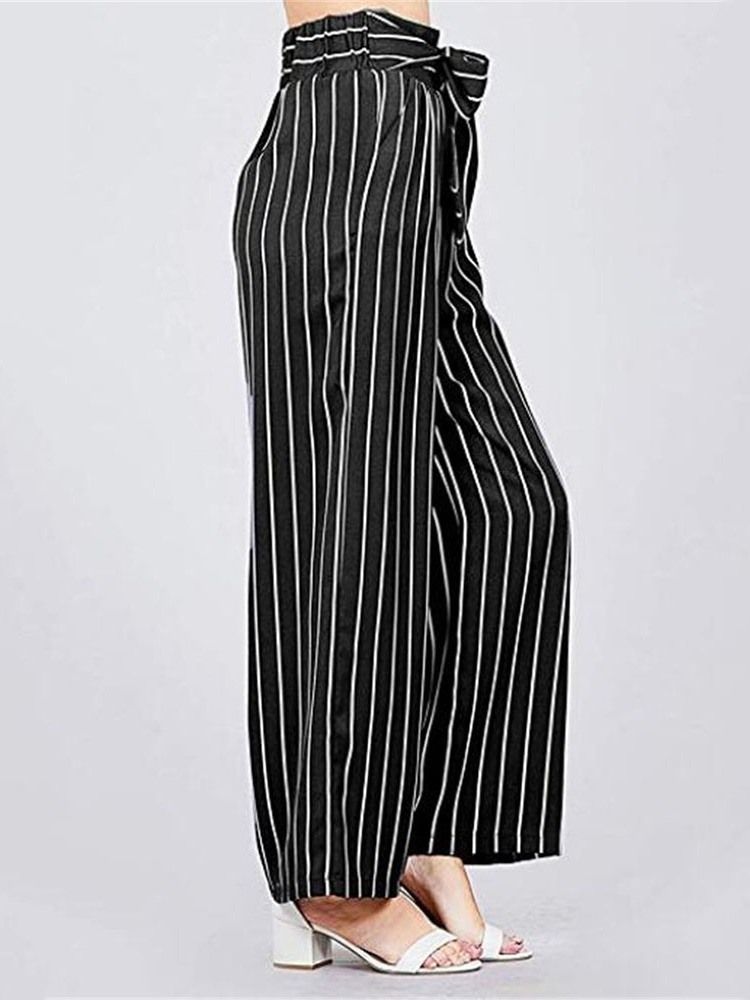 Kvinner Bowknot Stripe Color Block Loose Full Length Wide Leg Casual Bukser