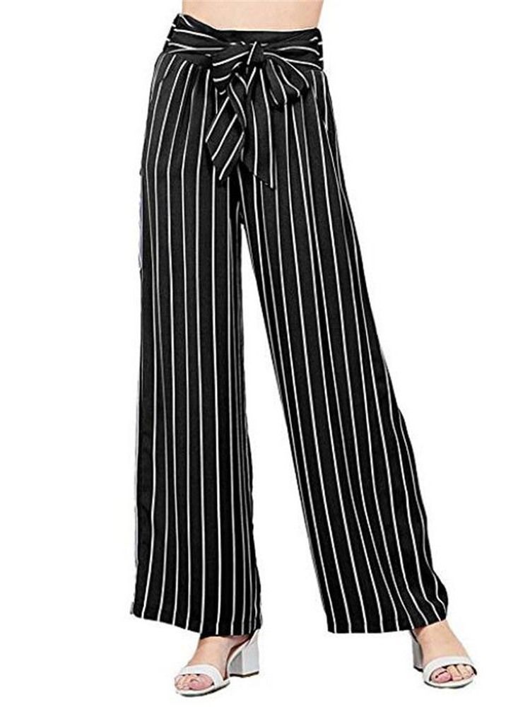 Kvinner Bowknot Stripe Color Block Loose Full Length Wide Leg Casual Bukser