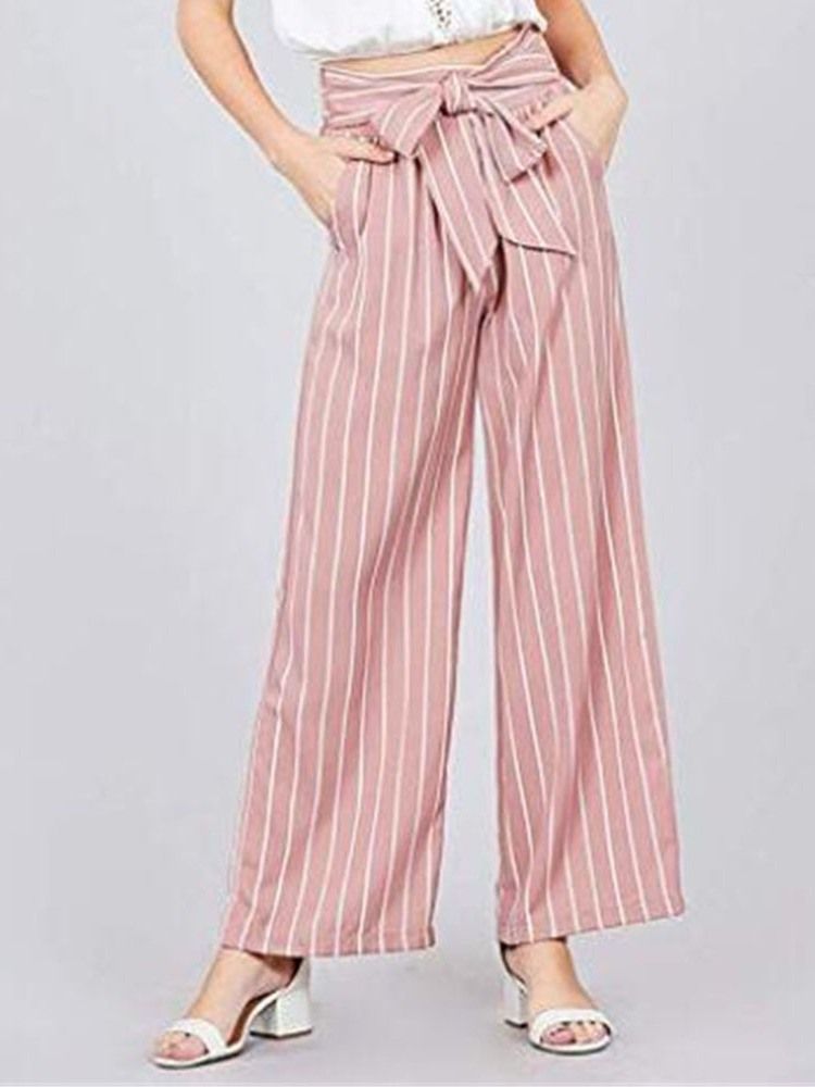 Kvinner Bowknot Stripe Color Block Loose Full Length Wide Leg Casual Bukser