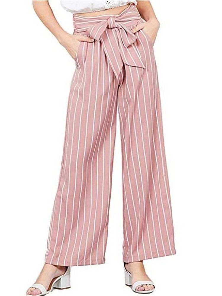 Kvinner Bowknot Stripe Color Block Loose Full Length Wide Leg Casual Bukser