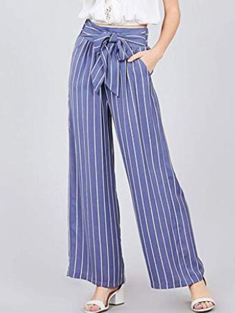 Kvinner Bowknot Stripe Color Block Loose Full Length Wide Leg Casual Bukser