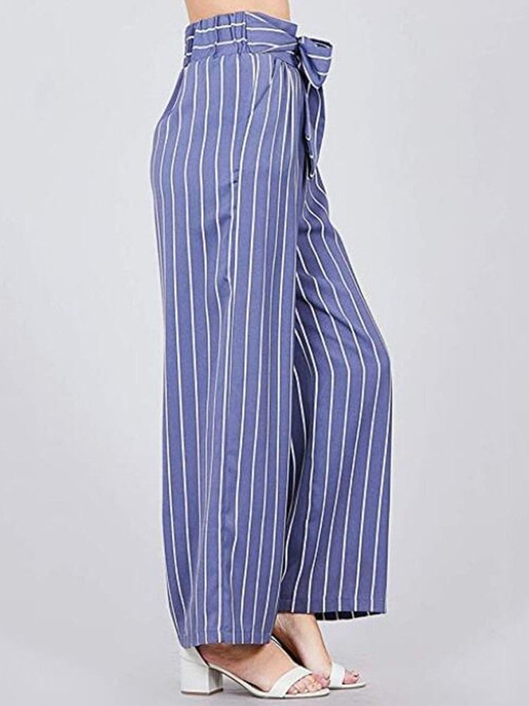 Kvinner Bowknot Stripe Color Block Loose Full Length Wide Leg Casual Bukser