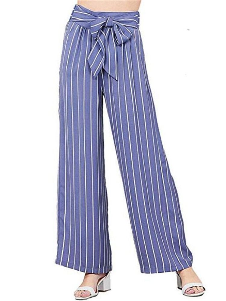 Kvinner Bowknot Stripe Color Block Loose Full Length Wide Leg Casual Bukser